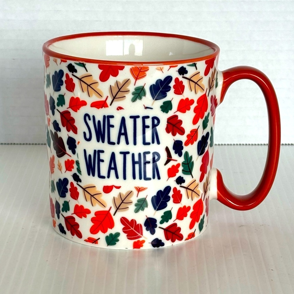 10 Strawberry Street Sweater Weather Ceramic Mug Fall Winter Leaves 14 oz Cup